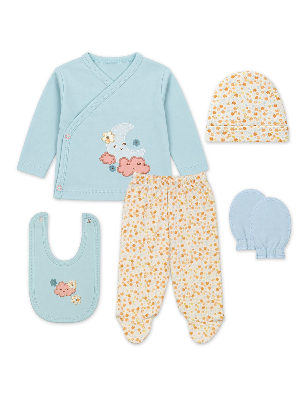 Baby Boy Gift Set 5 Pcs Moon and Clouds Light Blue and Floral at Zubaidas