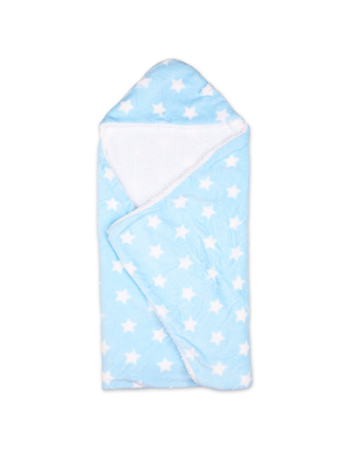 Baby Boy Hooded Swaddle Blanket Star Light Blue and White at Zubaidas