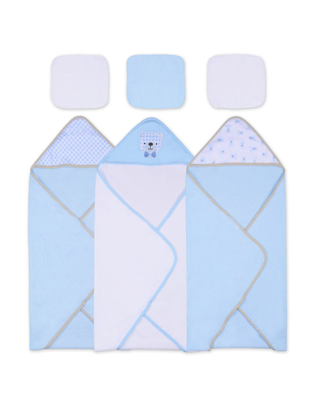 Baby Boy Hooded Towel and Washcloth Set Bear Blue and White at Zubaidas
