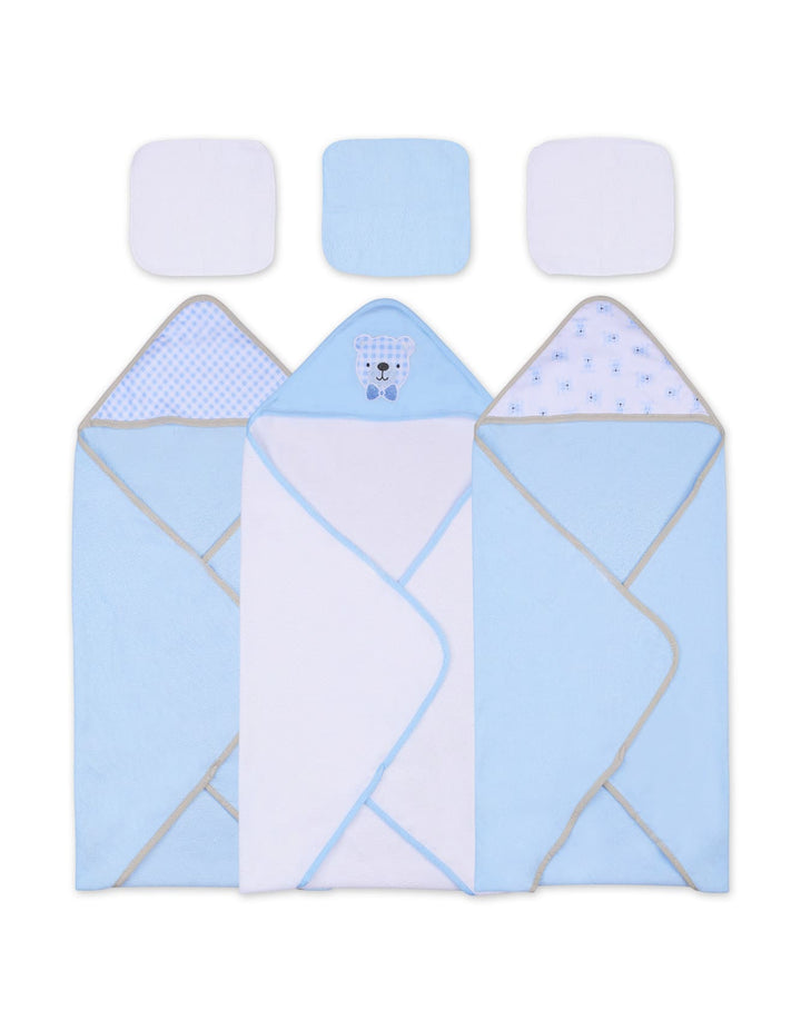 Baby Boy Hooded Towel and Washcloth Set Bear Blue and White at Zubaidas