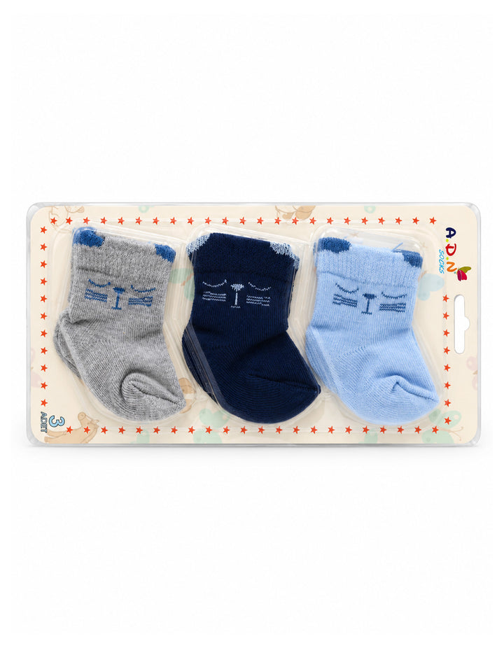 Baby Boy Pack of 3 Socks Cat Grey Navy and Light Blue at Zubaidas