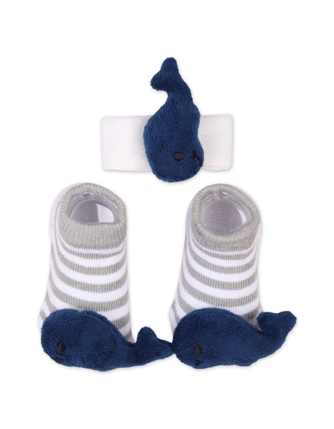 Baby Boy Rattle Booties and Wristband Striped Whale at Zubaidas 