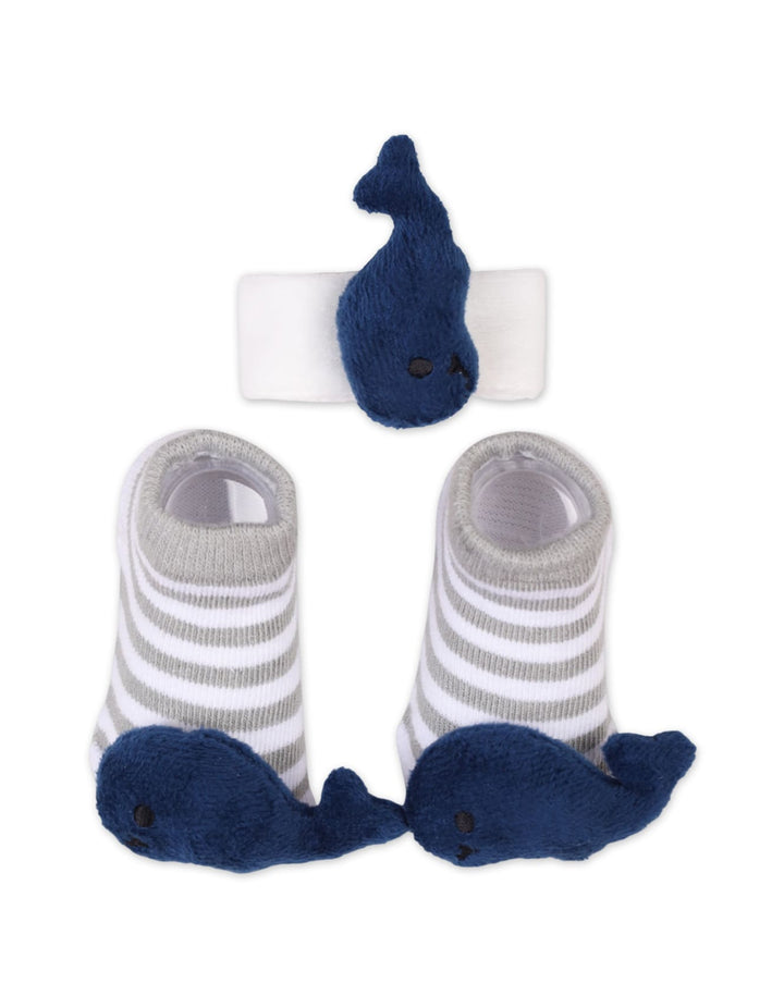 Baby Boy Rattle Booties and Wristband Striped Whale at Zubaidas 