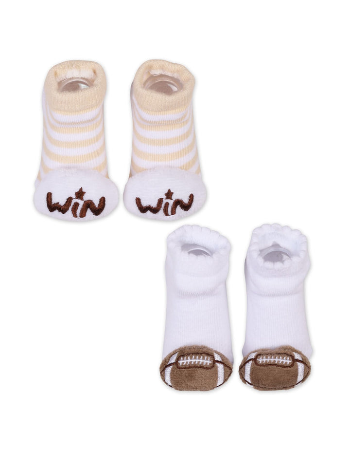 Baby Boy Rattle Booties Bambies Sporty WIN and Rugby Ball at Zubaidas