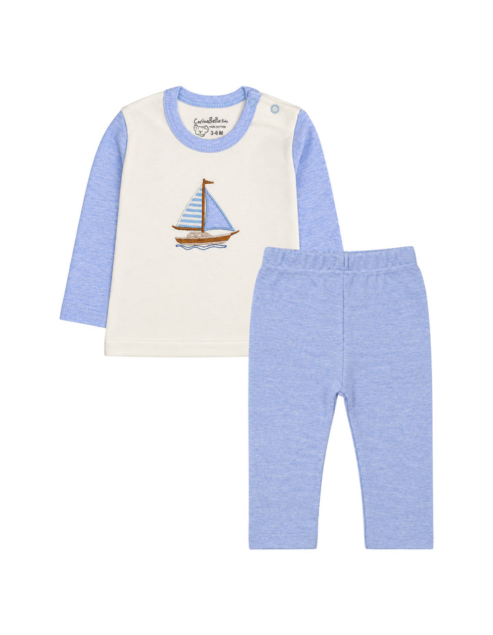 Baby Boy Winter 2 Piece Suit Set Sailboat Blue and Off White at Zubaidas