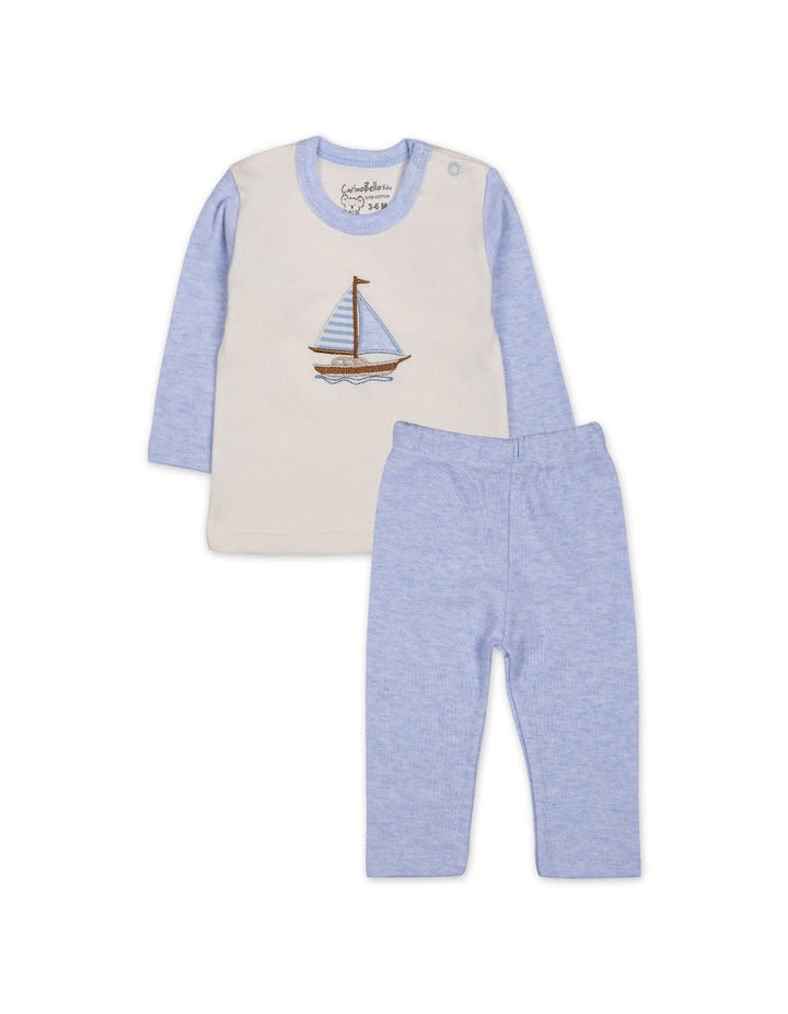Baby Boy Winter 2 Piece Suit Set Sailboat Blue and Off White at Zubaidas