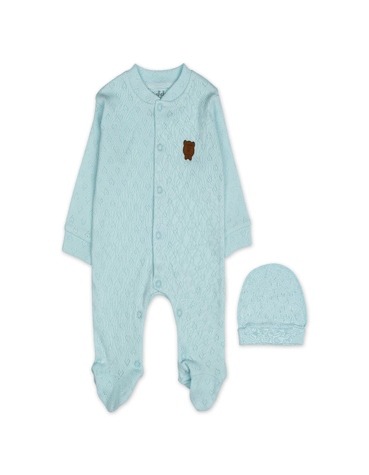 Baby Boy Winter Romper with Cap Bear Mint Blue at Zubaidas