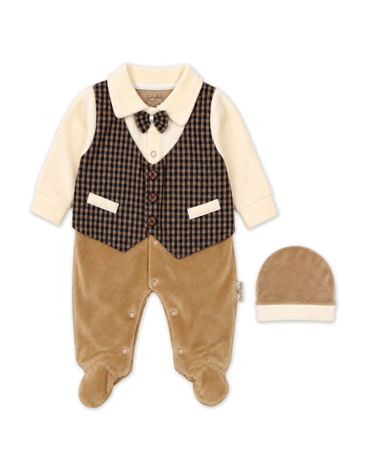 Baby Boy Winter Romper with Cap Brown and Cream at Zubaidas