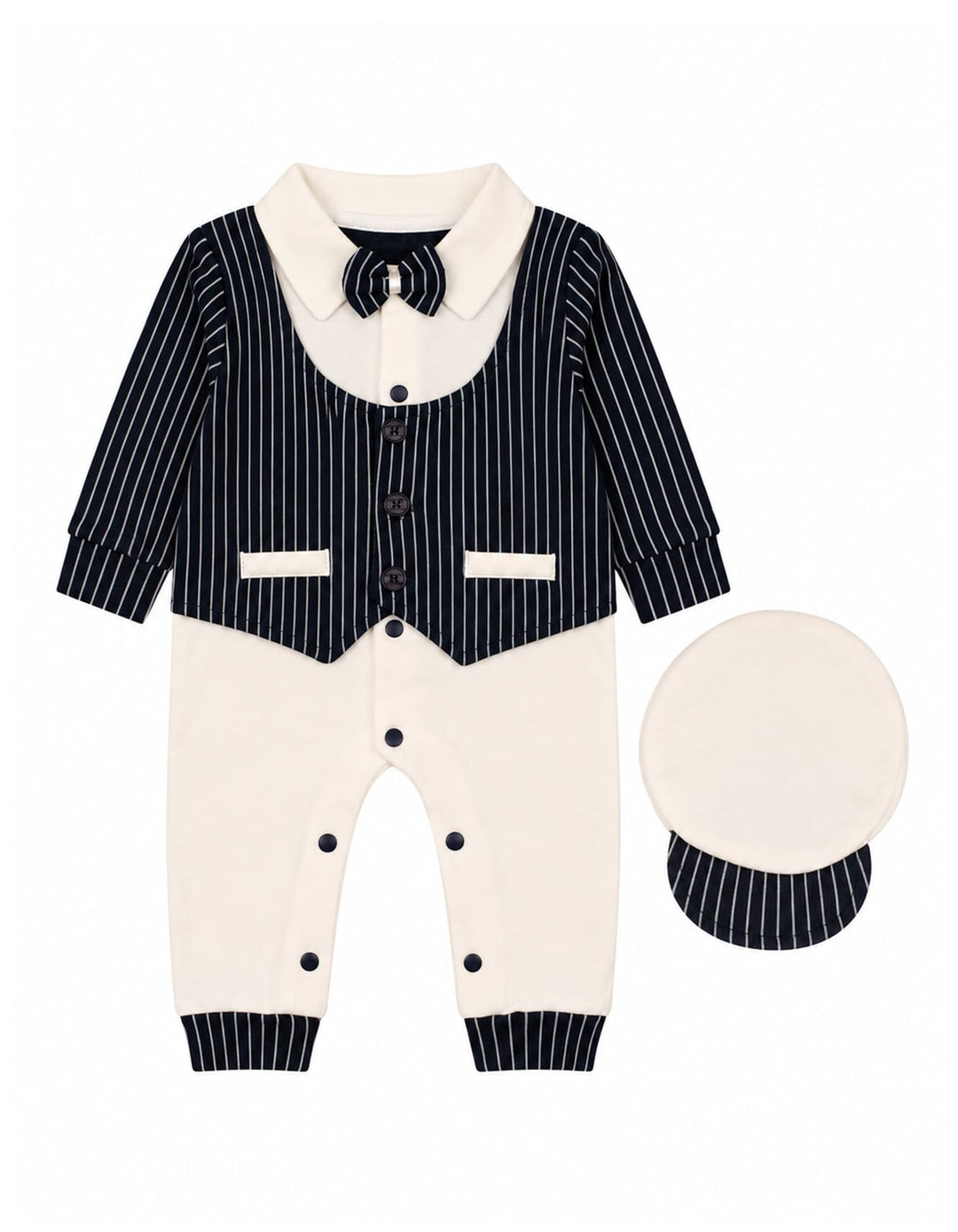 Baby Boy Winter Romper with Cap Pinstriped Navy and White at Zubaidas