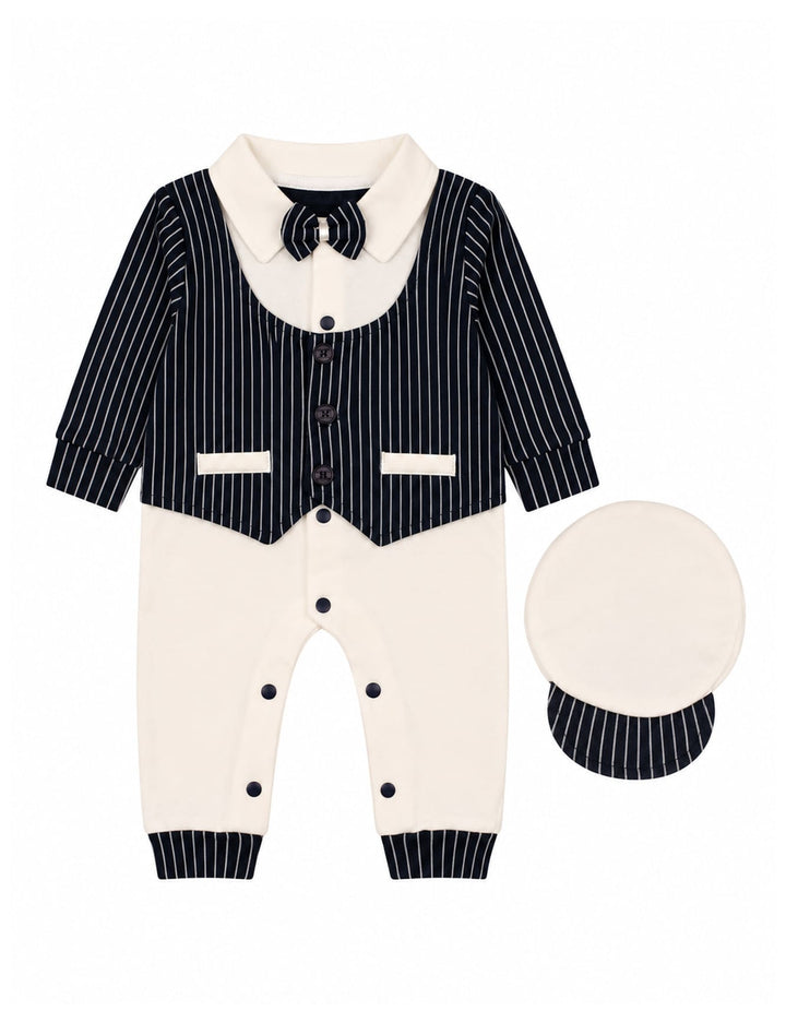 Baby Boy Winter Romper with Cap Pinstriped Navy and White at Zubaidas