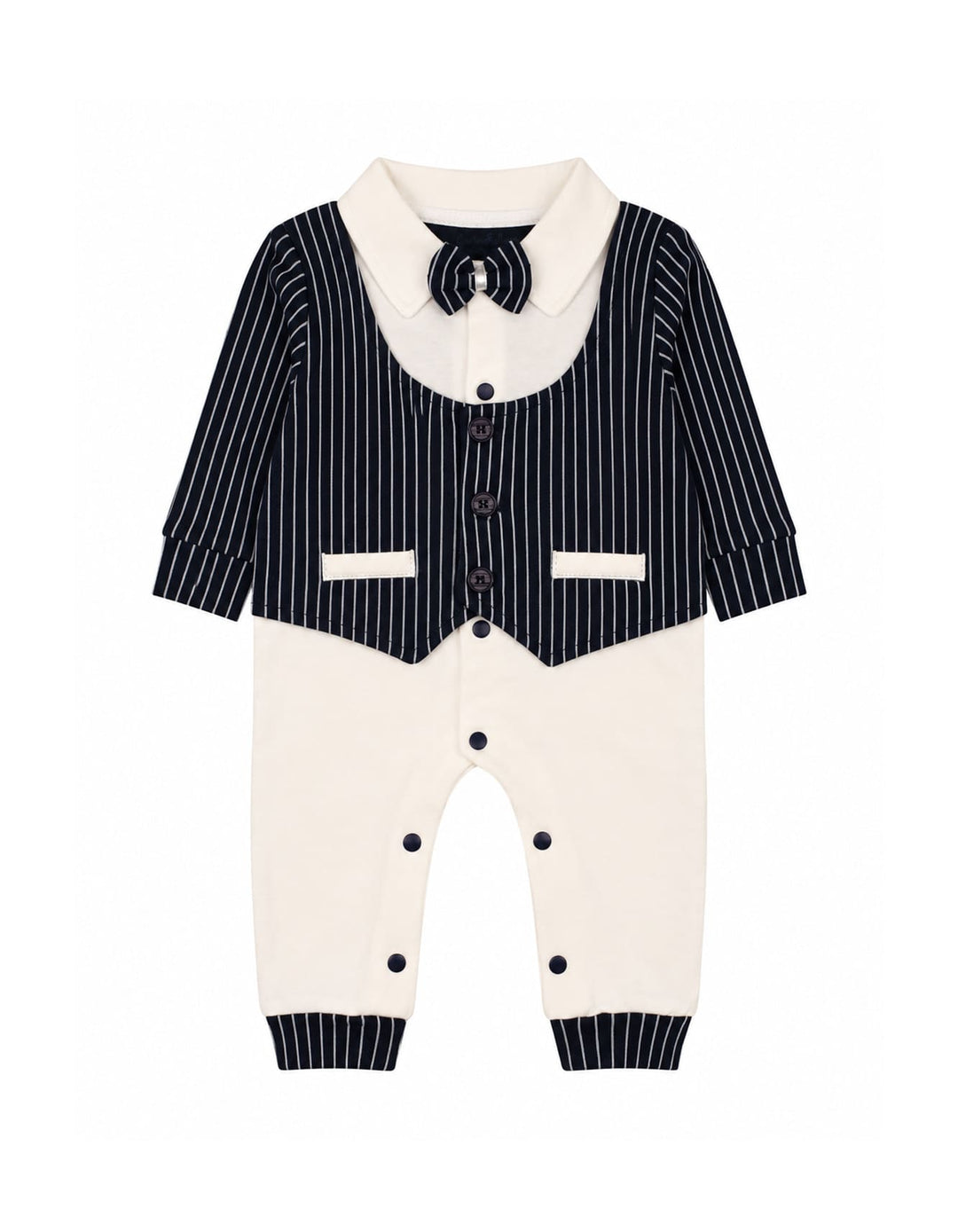 Baby Boy Winter Romper with Cap Pinstriped Navy and White at Zubaidas Online Pakistan
