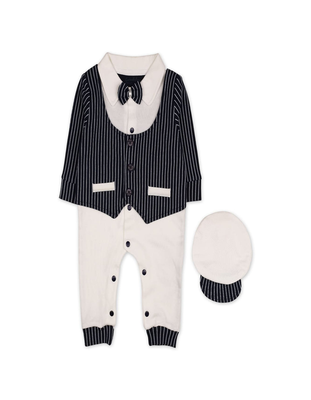 Baby Boy Winter Romper with Cap Pinstriped Navy and White at Zubaidas