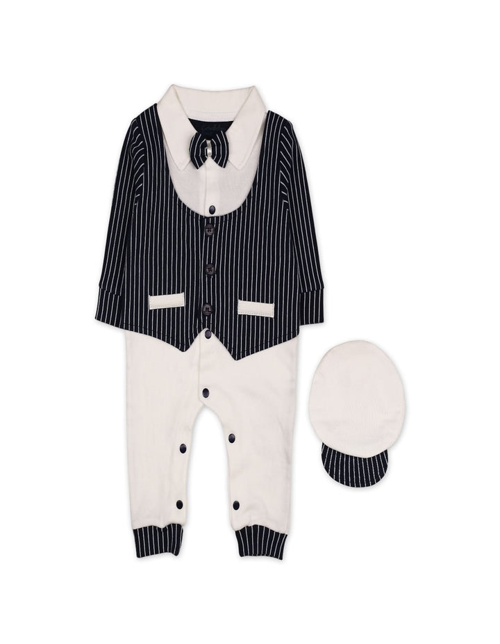 Baby Boy Winter Romper with Cap Pinstriped Navy and White at Zubaidas