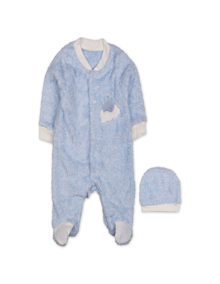 Baby Boy Winter Sleep Suit with Cap Crown and Cloud Blue at Zubaidas