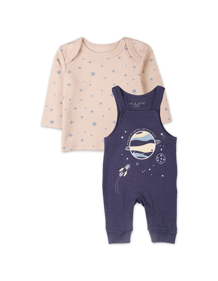 Baby Boys 2 Pieces Dungaree Winter Suit Sets Bambies Space Beige and Navy Blue at Zubaidas