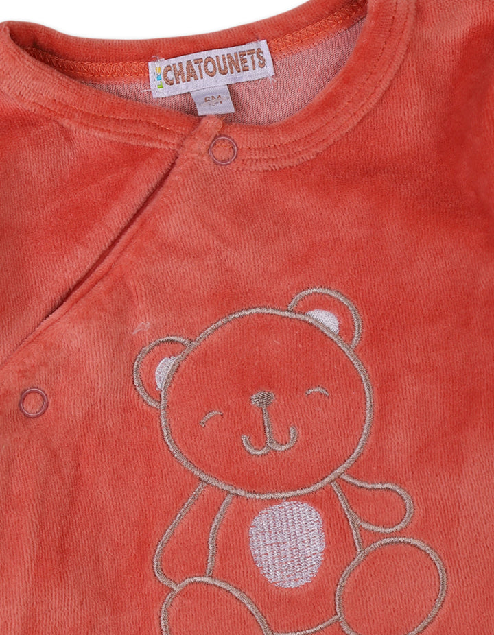 Baby Boys and Baby Girls Winter Sleepsuits Bambies Bear Embroidered Footed Rust at Zubaidas Pakistan