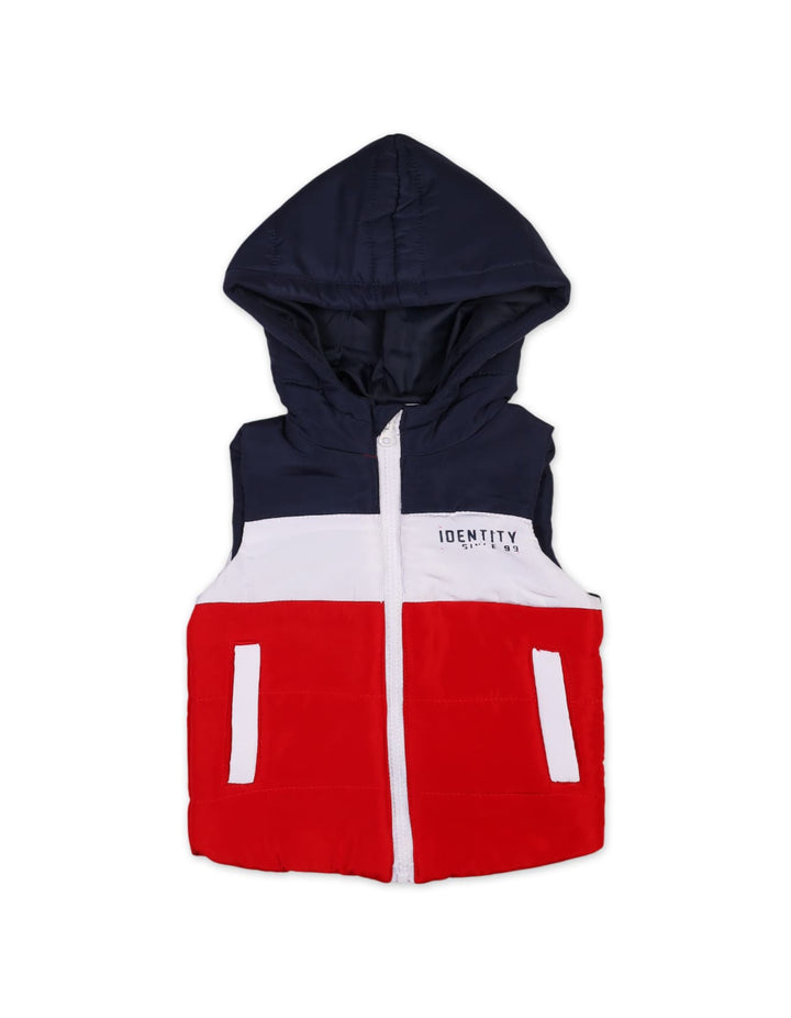 Baby Boys and Boys Winter Puffer Vests Bambies Sleeveless Hooded Navy White and Red at Zubaidas