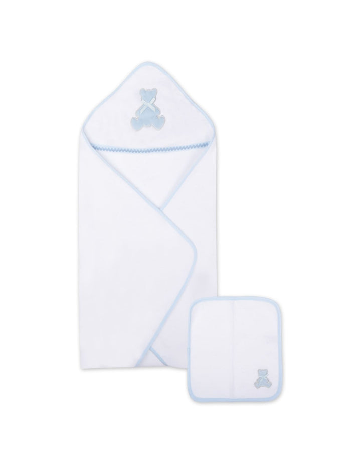 Baby Boys Hooded Bath Towel and Washcloth Bear Applique Light Blue and White at Zubaidas