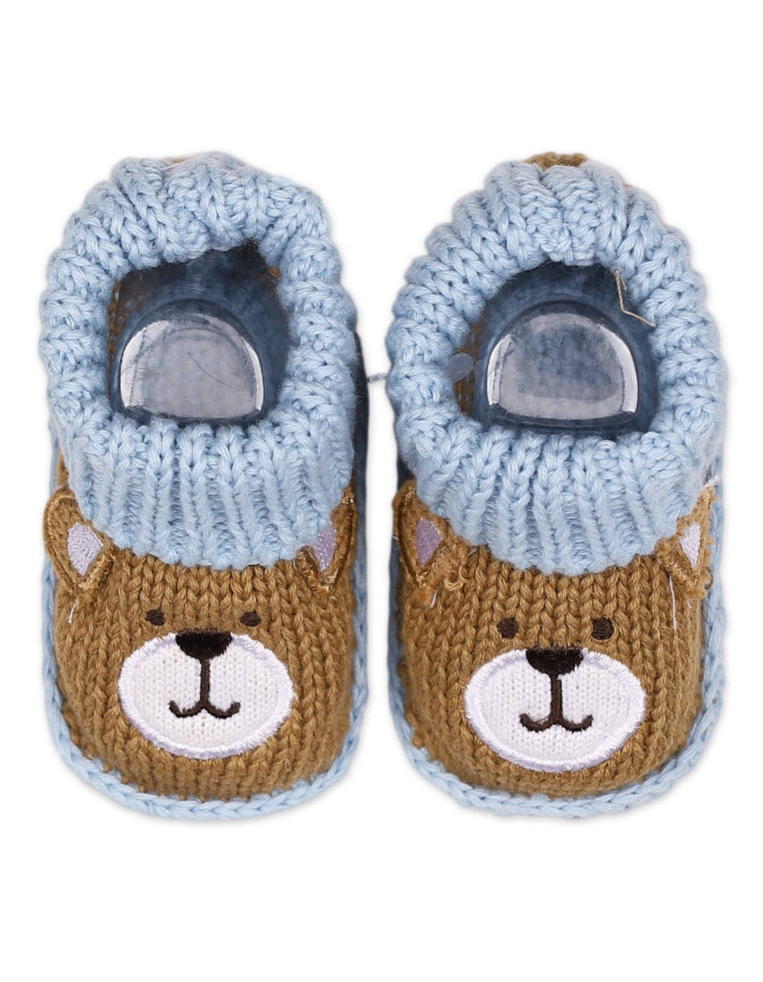 Baby Boys Knitted Booties Bear Face Brown and Blue at Zubaidas