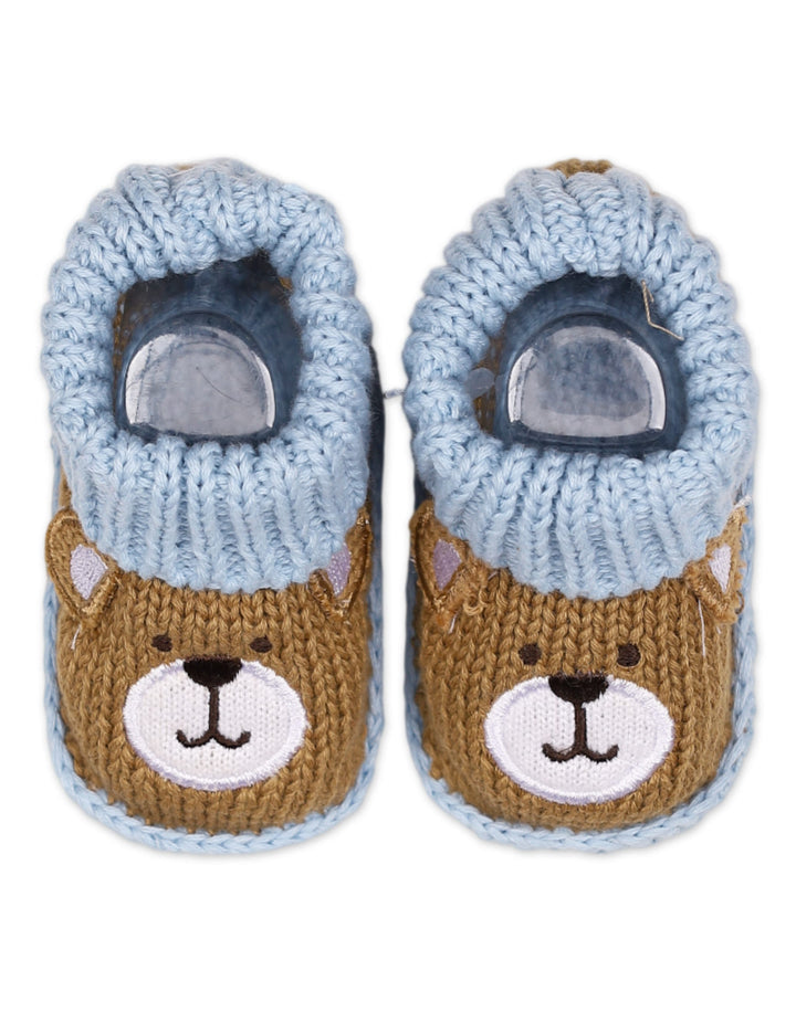 Baby Boys Knitted Booties Bear Face Brown and Blue at Zubaidas