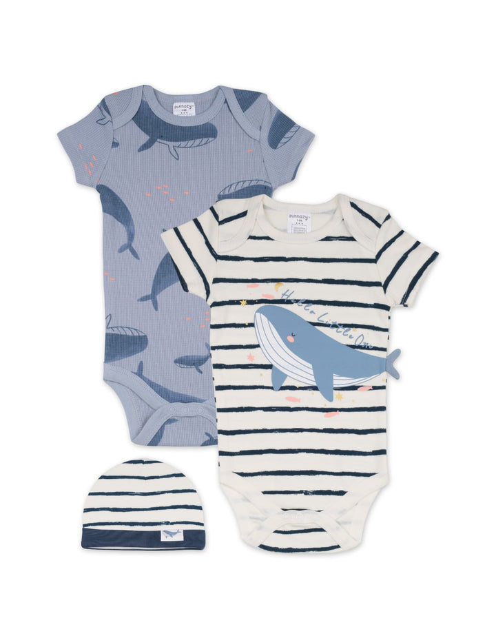 Baby Boys Short Sleeve Bodysuits Pack of 2 with Cap Whale Print at Zubaidas