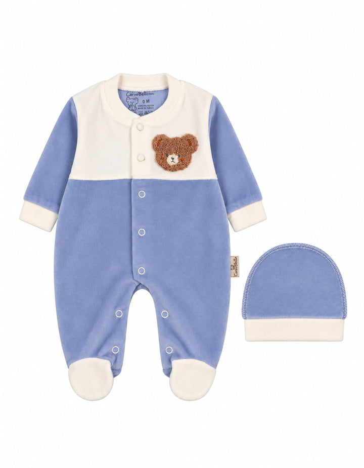 Baby Boys Winter Romper with Cap Bear Blue and White at Zubaidas