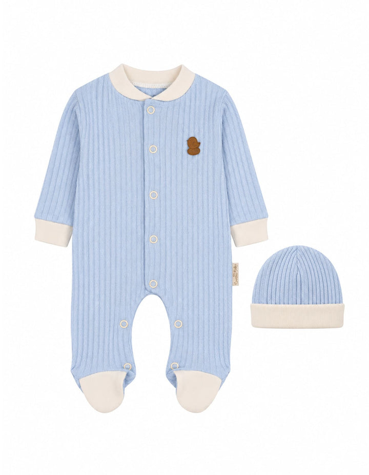 Baby Boys Winter Romper with Cap Bird Applique Light Blue at Zubaidas