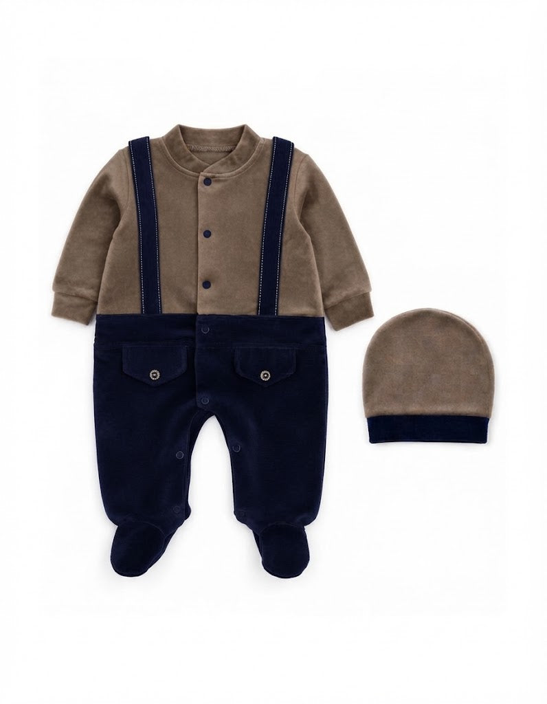 Baby Boys Winter Romper with Cap Suspender Style Navy Blue and Grey at Zubaidas