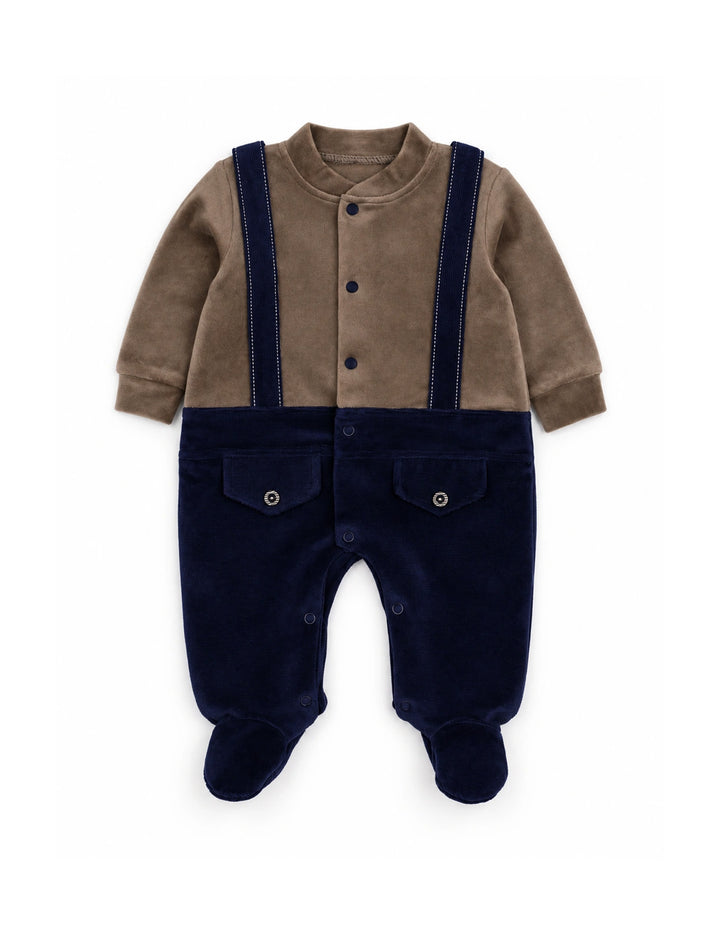 Baby Boys Winter Romper with Cap Suspender Style Navy Blue and Grey at Zubaidas Official Pakistan