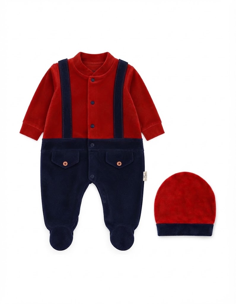 Baby Boys Winter Romper with Cap Suspender Style Navy Blue and Maroon at Zubaidas