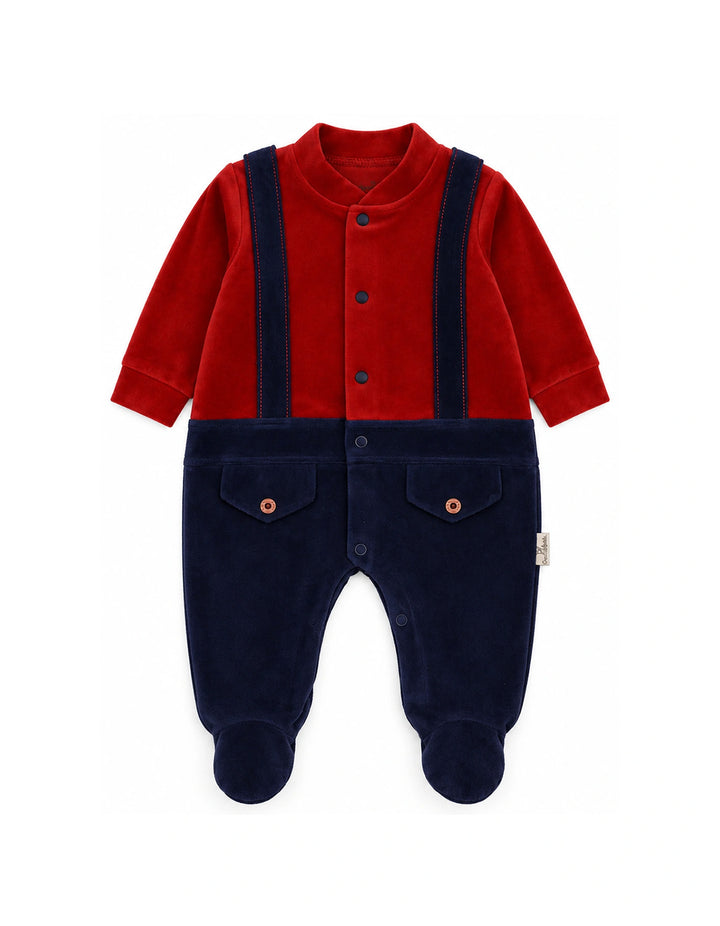 Baby Boys Winter Romper with Cap Suspender Style Navy Blue and Maroon at Zubaidas Official Pakistan