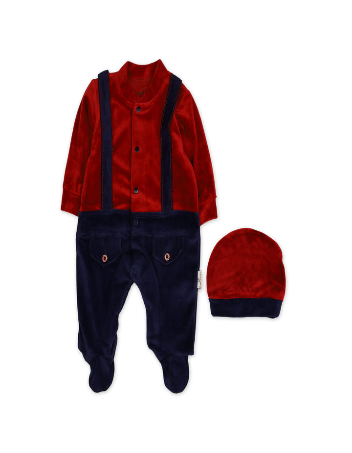 Baby Boys Winter Romper with Cap Suspender Style Navy Blue and Maroon at Zubaidas The Largest Baby Kids and Moms Store in Pakistan