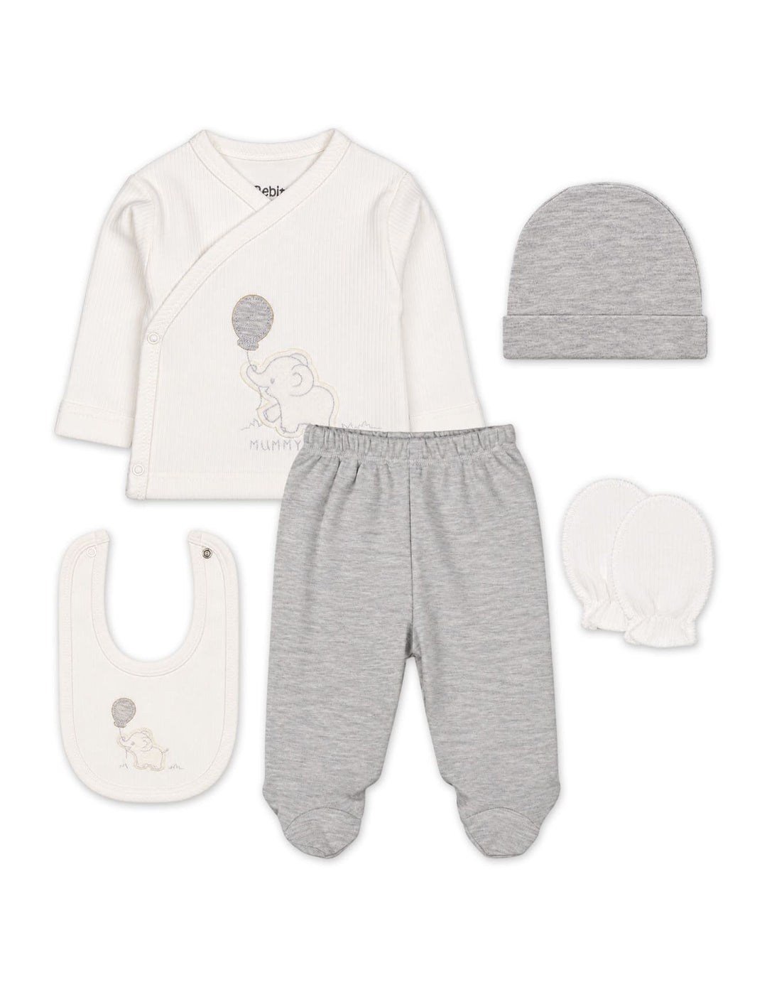 Baby Clothing Gift Set 5 Pcs Elephant and Balloon White and Grey at Zubaidas