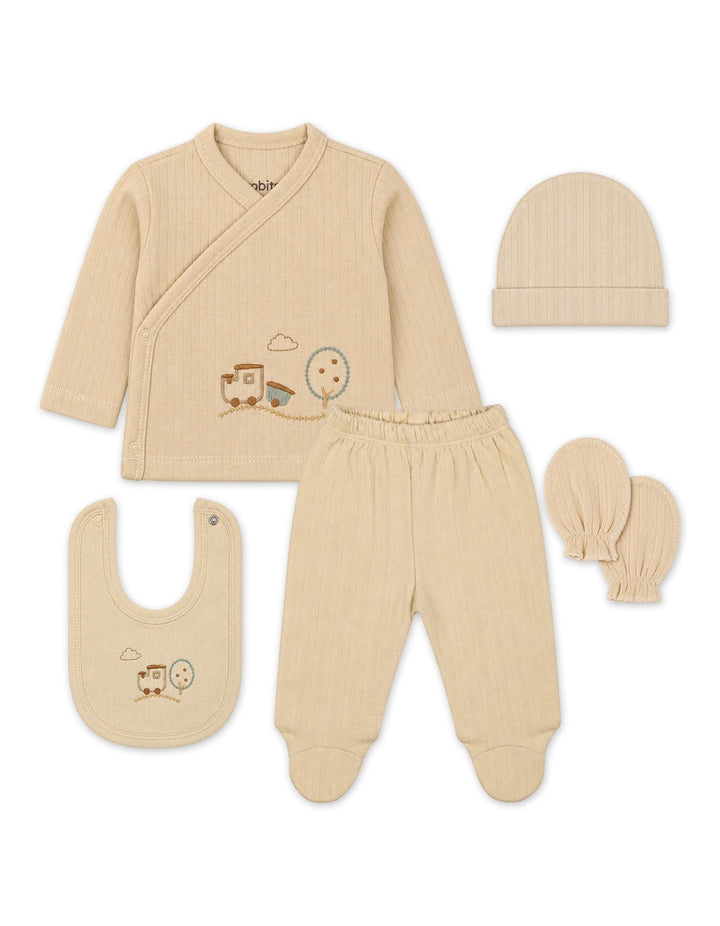 Baby Clothing Gift Set 5 Pcs Train and Tree Beige at Zubaidas
