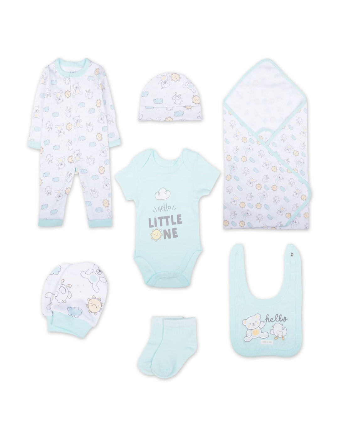 Baby Clothing Gift Set 7 Pcs Hello Little One Mint Green and White at Zubaidas