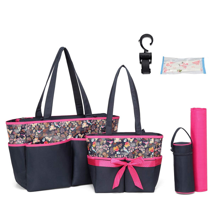 Bambies Amber Tote Diaper Bags 5 Pieces Set - Pink & Navy at Zubaidas Official™ Pakistan