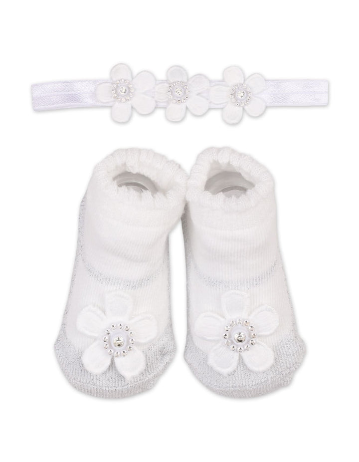 Baby Girl 2 Pcs Headband and Socks Set Floral White at Zubaidas