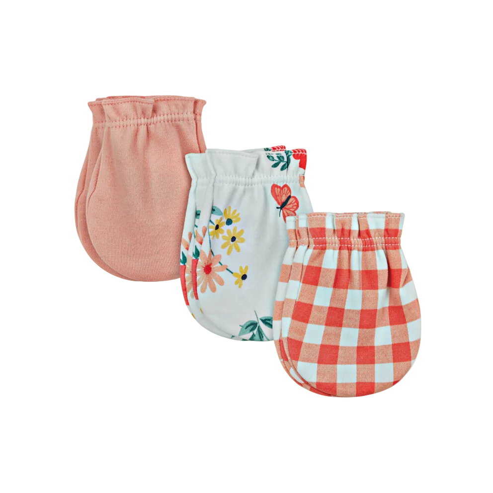 Baby Girl Anti-Scratch Mittens Pack of 3 Coral Gingham and Floral at Zubaidas