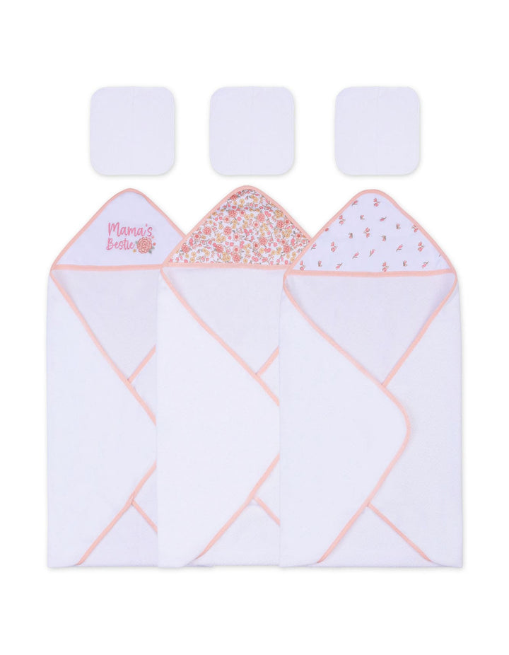 Baby Girl Bath Towel and Washcloth Set Floral Pink and White at Zubaidas