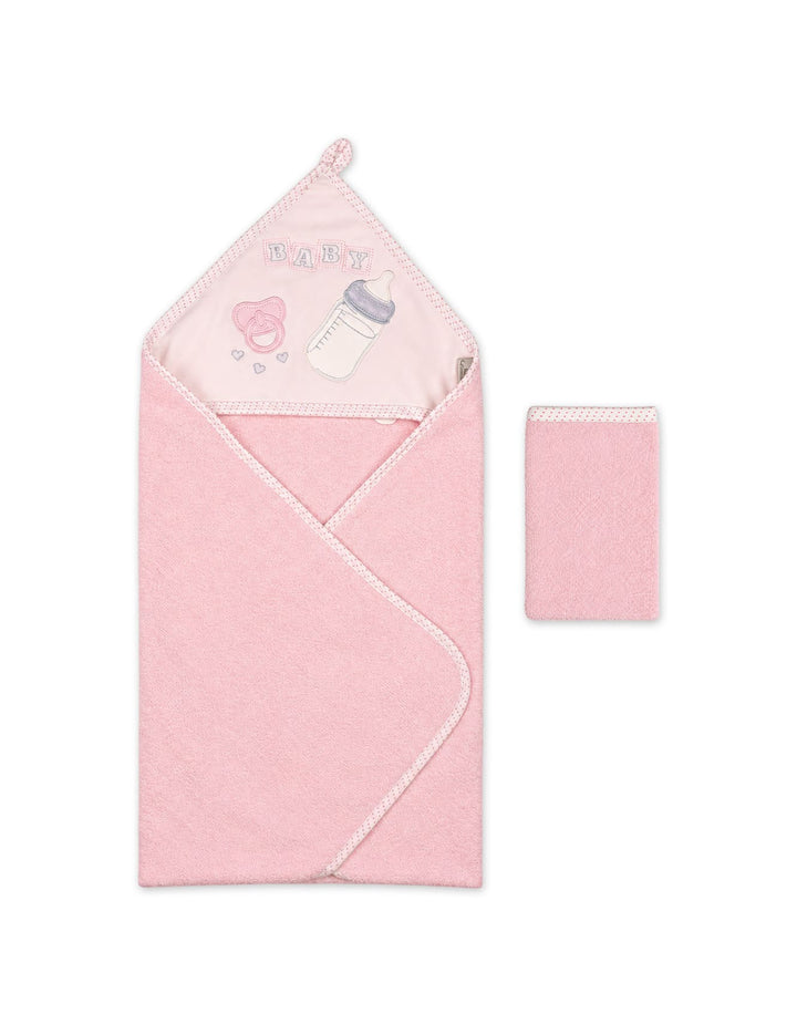 Baby Girl Bath Towel Hooded Pink and Off White at Zubaidas