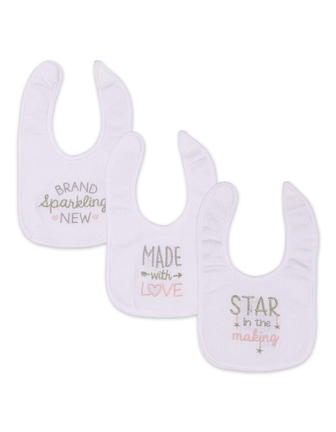 Baby Girl Bib Pack of 3 White with Pink and Gold Accents at Zubaidas