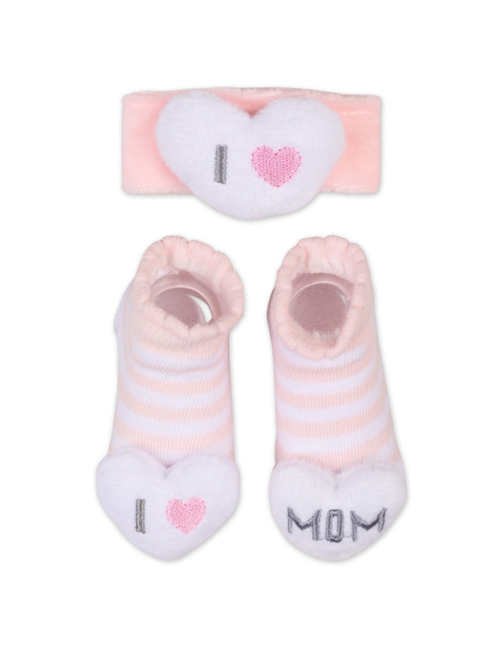 Baby Girl Rattle Booties and Wristband I Love Mom at Zubaidas
