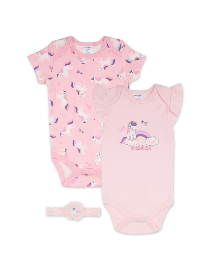 Baby Girl Short Sleeve Bodysuits 2 Pcs with Headband Sweet Dreams Unicorns at Zubaidas