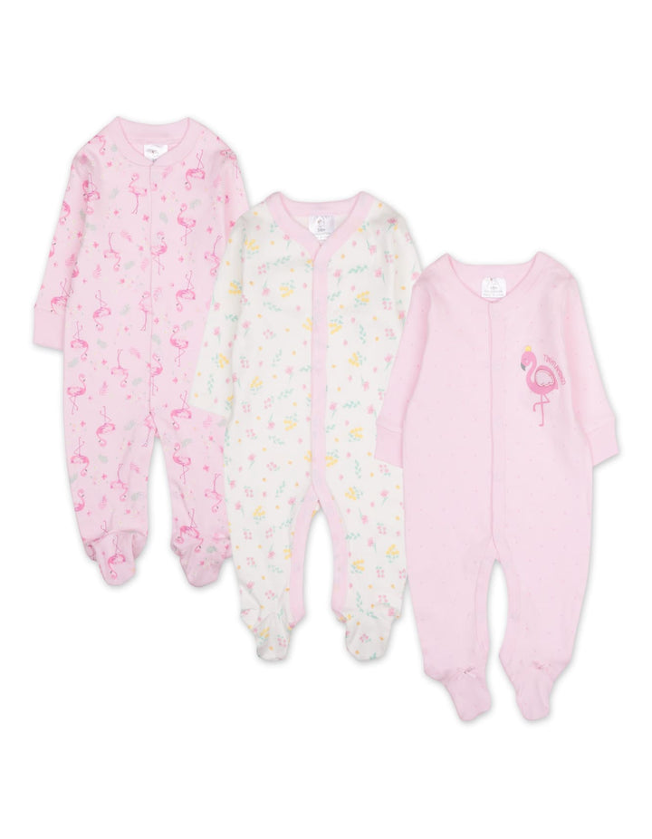 Baby Girl Sleepsuit Pack of 3 Flamingo and Floral Pink at Zubaidas
