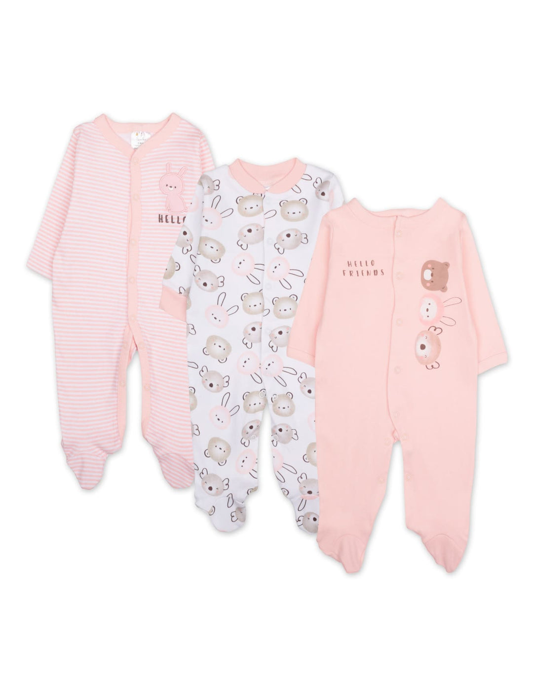 Baby Girl Sleepsuit Pack of 3 Hello Freinds Peach Pink at Zubaidas
