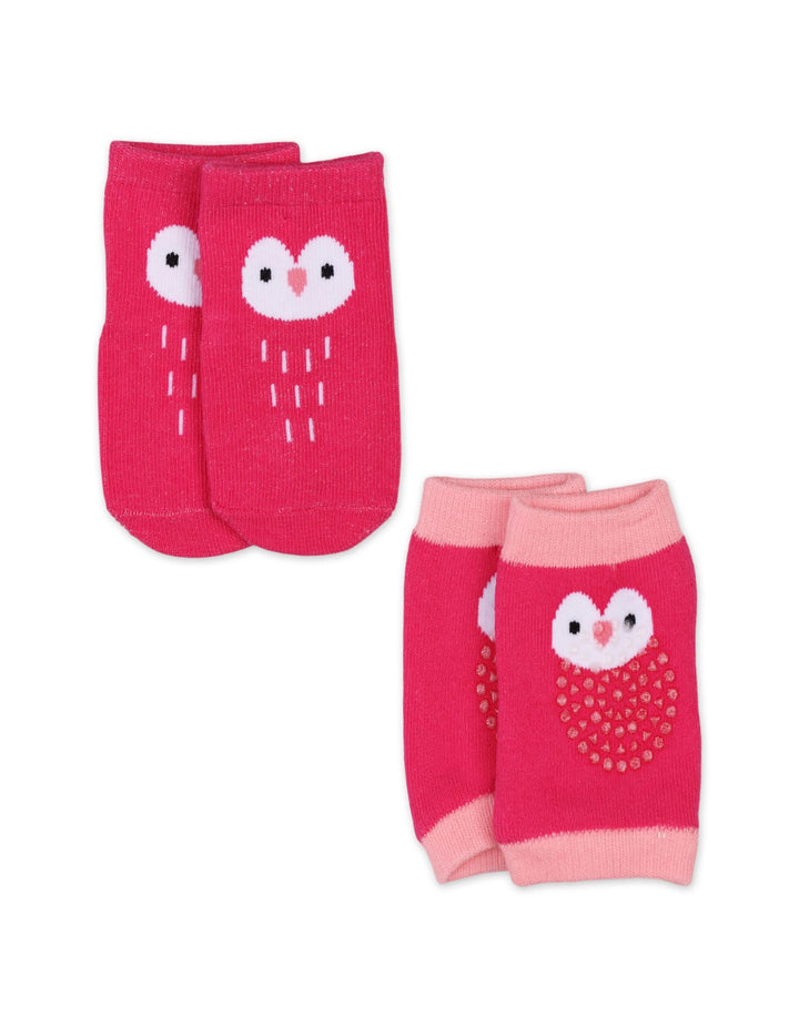 Baby Girl Socks and Knee Pads Set Owl Print Shocking Pink at Zubaidas