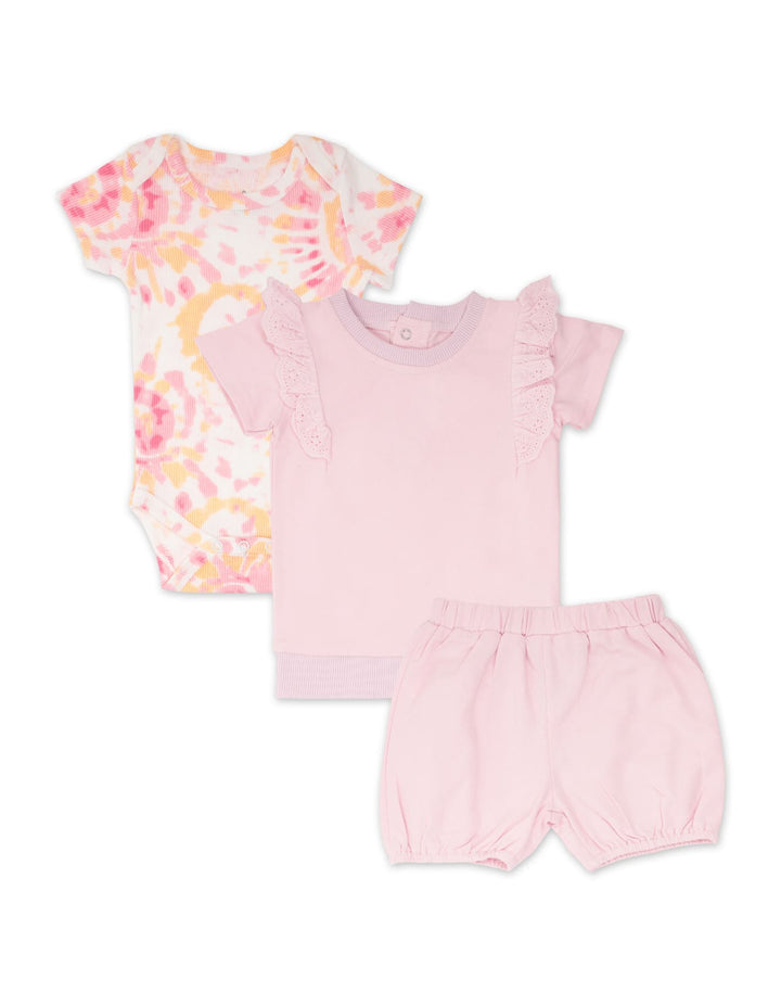 Baby Girl Summer 3 Pieces Bodysuit Set Ruffle Sleeve Top and Tie Dye Pink at Zubaidas