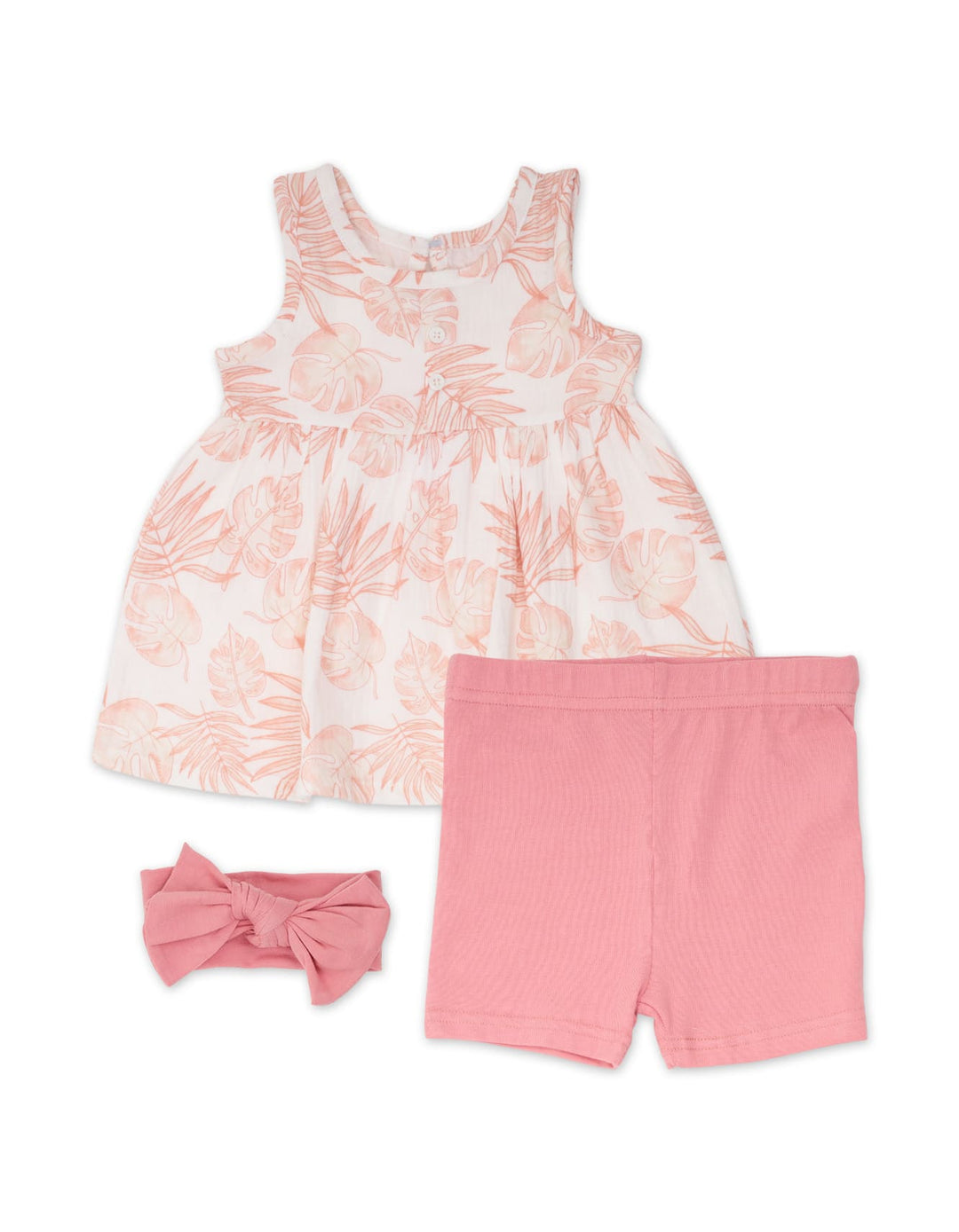Baby Girl Summer 3 Pieces Dress Set Tropical Leaf Print Peach at Zubaidas