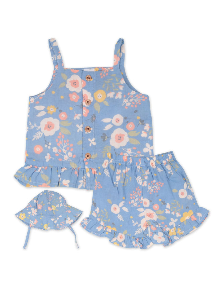 Baby Girl Summer 3 Pieces Outfit Set Floral Print Blue at Zubaidas