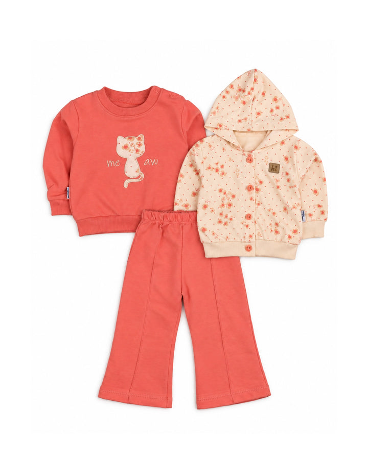 Baby Girl Winter 3 Piece Suit Cat Cream and Dark Pink at Zubaidas